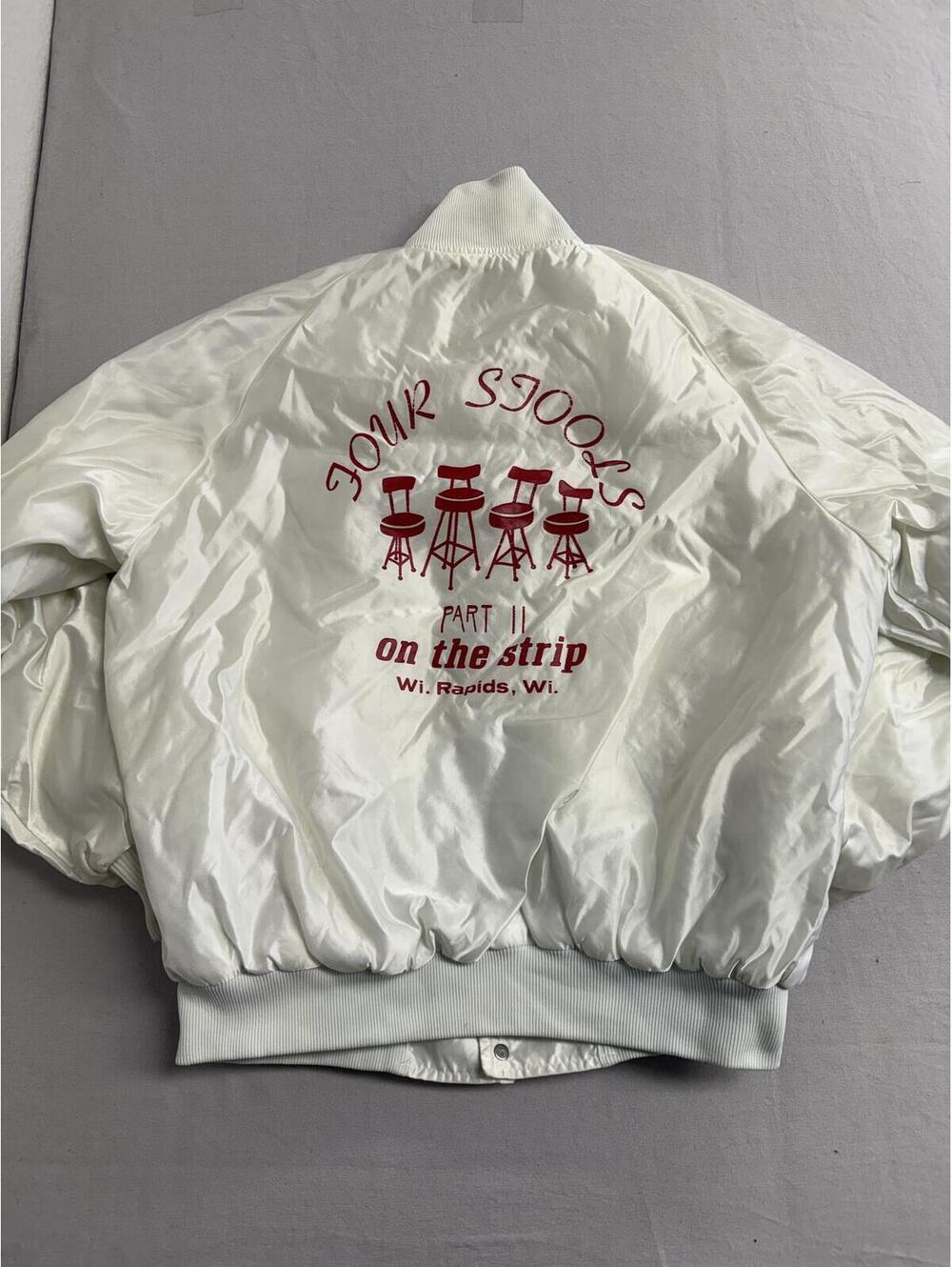 Vintage 70s White Bomber Jacket Butwin Four Stools Bar - L